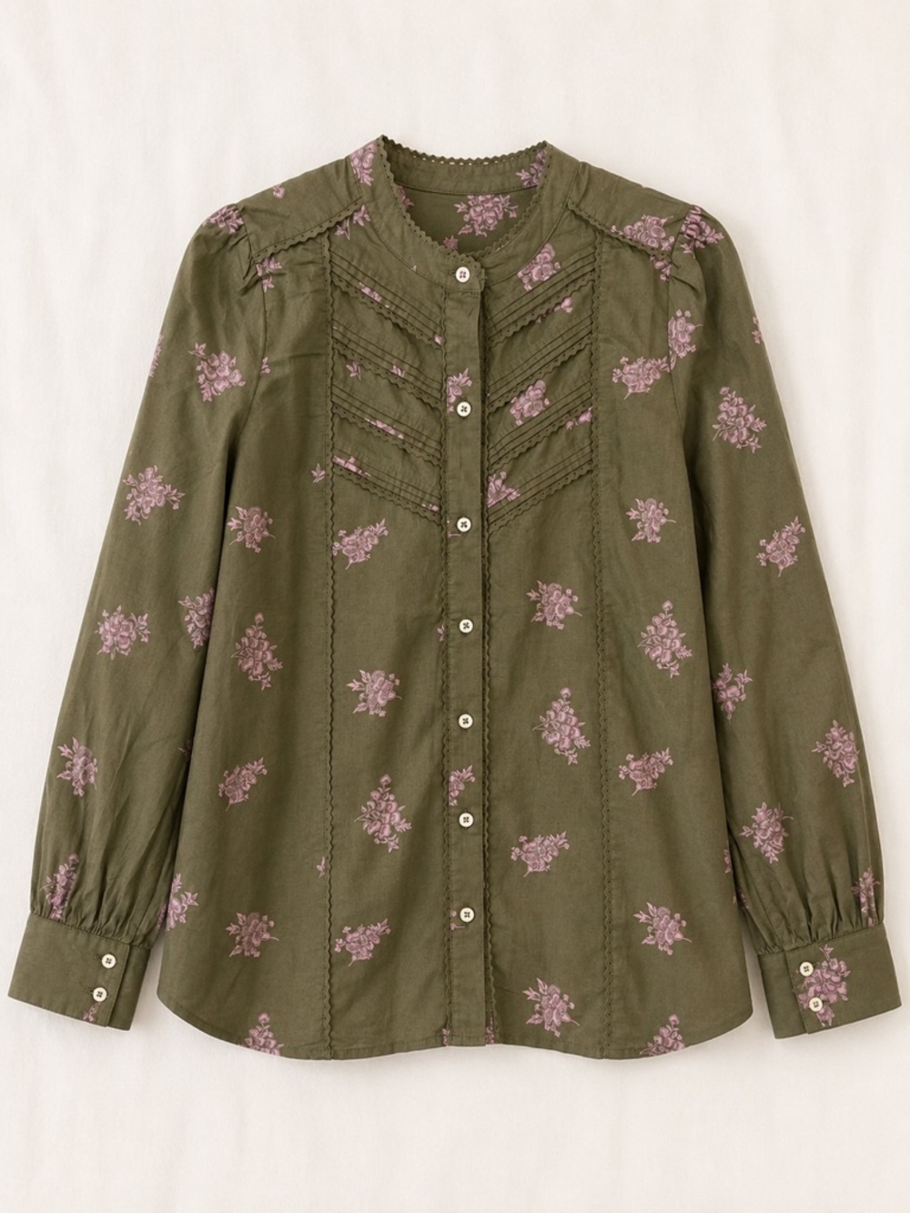 Talbots NWT 100% Cotton Floral Pintuck Blouse Large Olive Pink Button Front Top